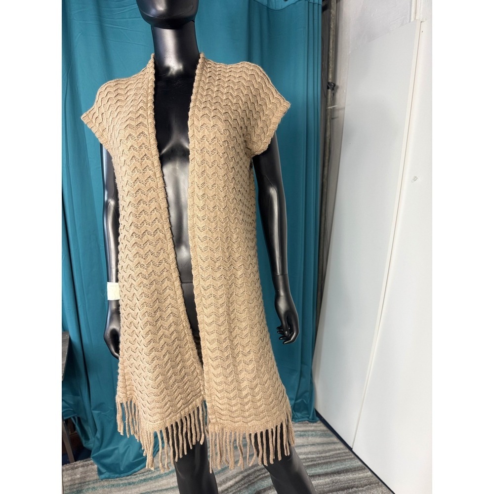 Charlotte Daniel Sleeveless Duster Cardigan Fringe Tan Knit Sweater‎ Vest